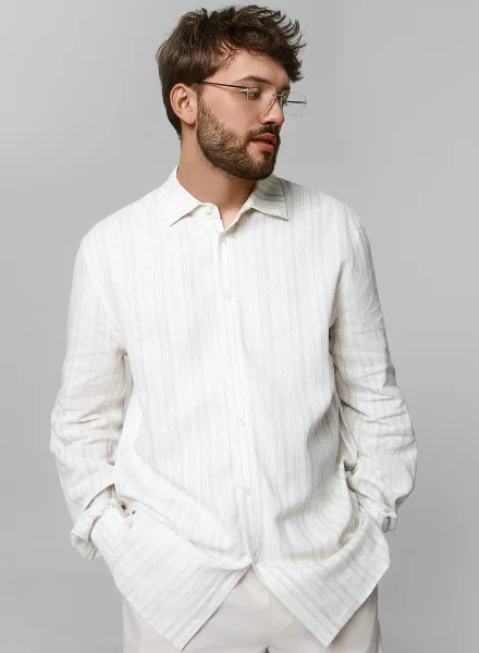 Mark Formelle Рубашка мужская молочная в полоску льнян