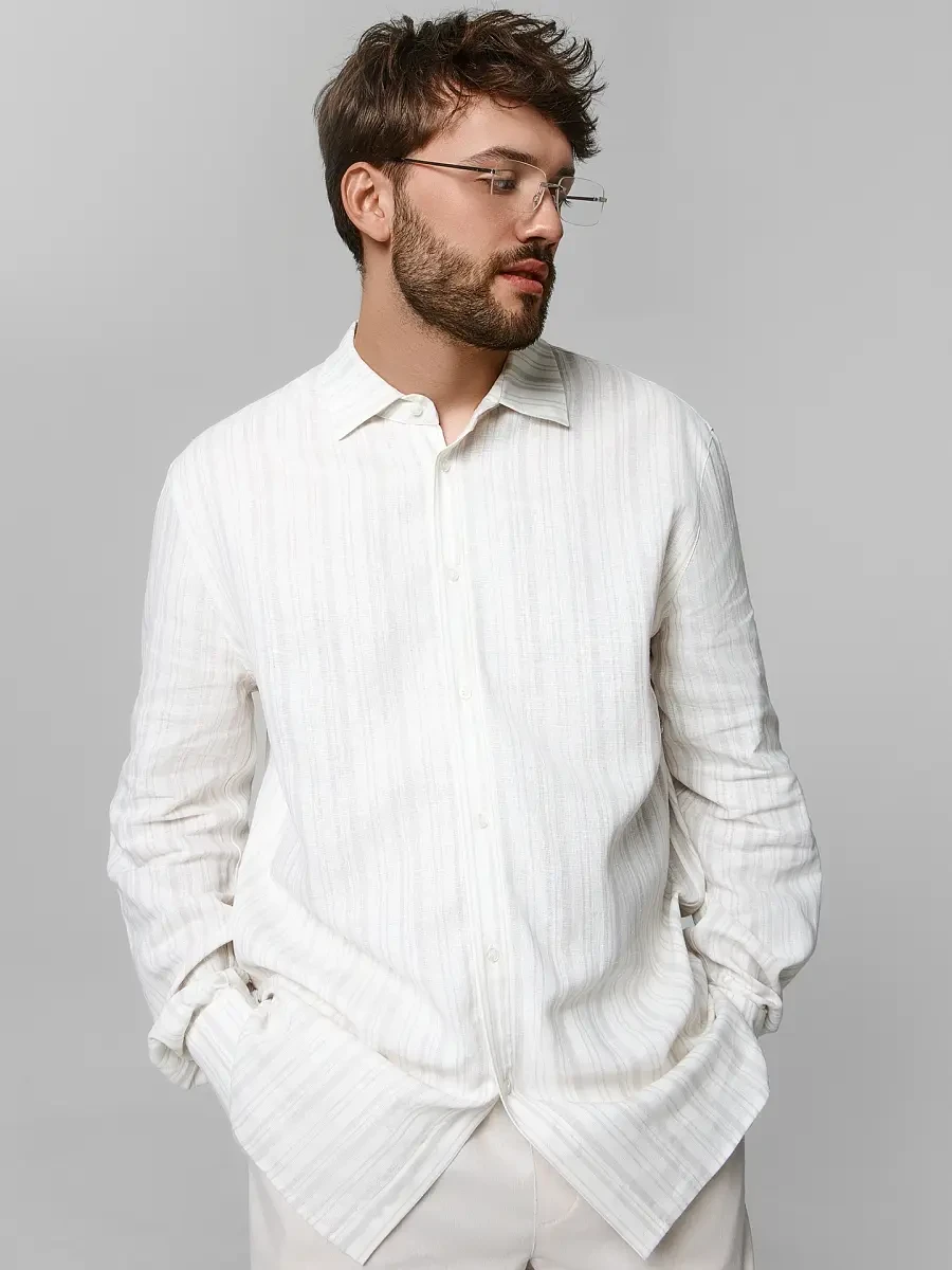 Рубашка мужская молочная в полоску льнян