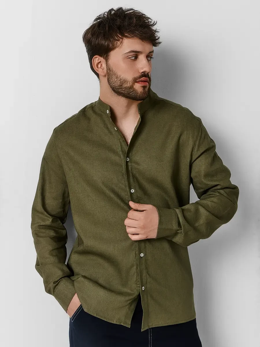 Рубашка мужская зеленая прямого кроя льн