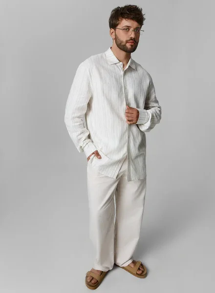Mark Formelle Рубашка мужская молочная в полоску льнян